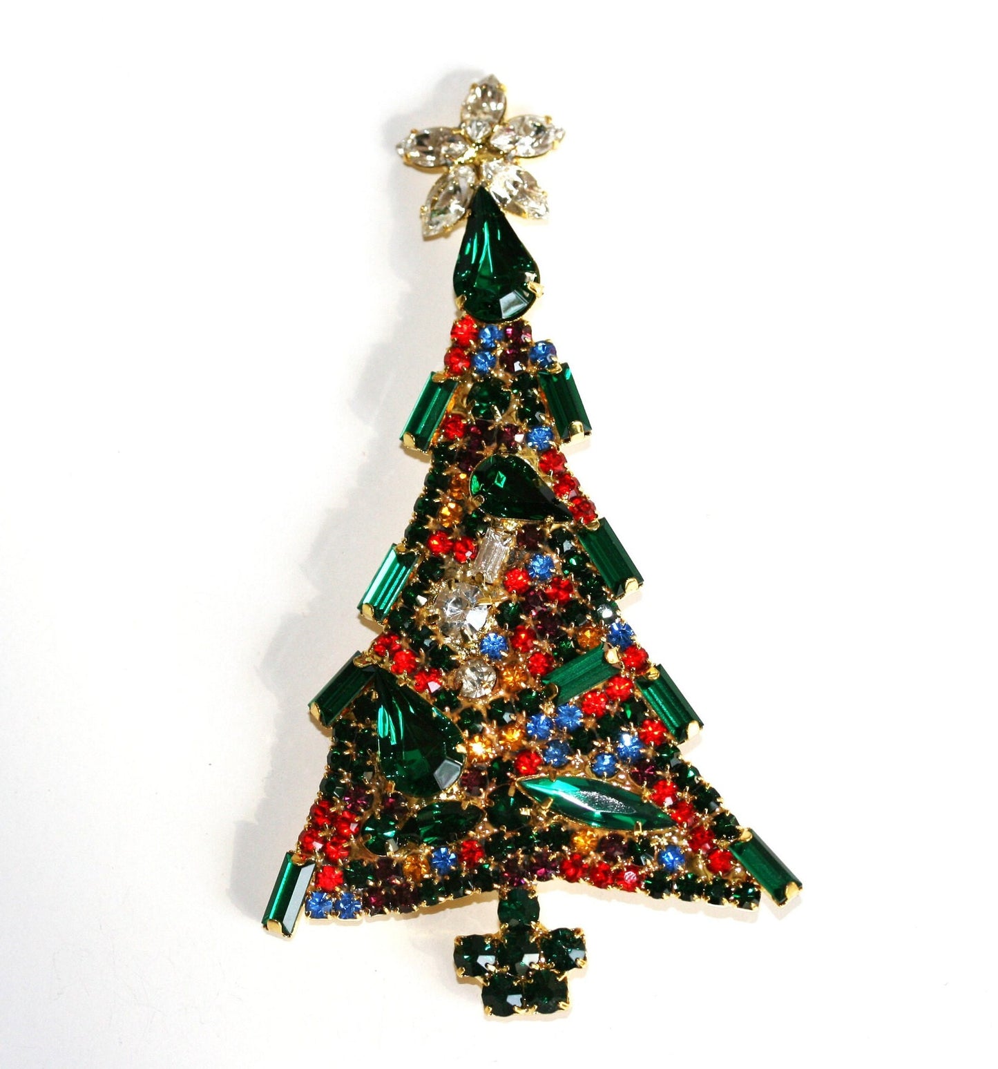 Vintage Christmas Tree Brooch Pin, Multi Color Rhinestone Xmas Tree Brooch Large Christmas Pin