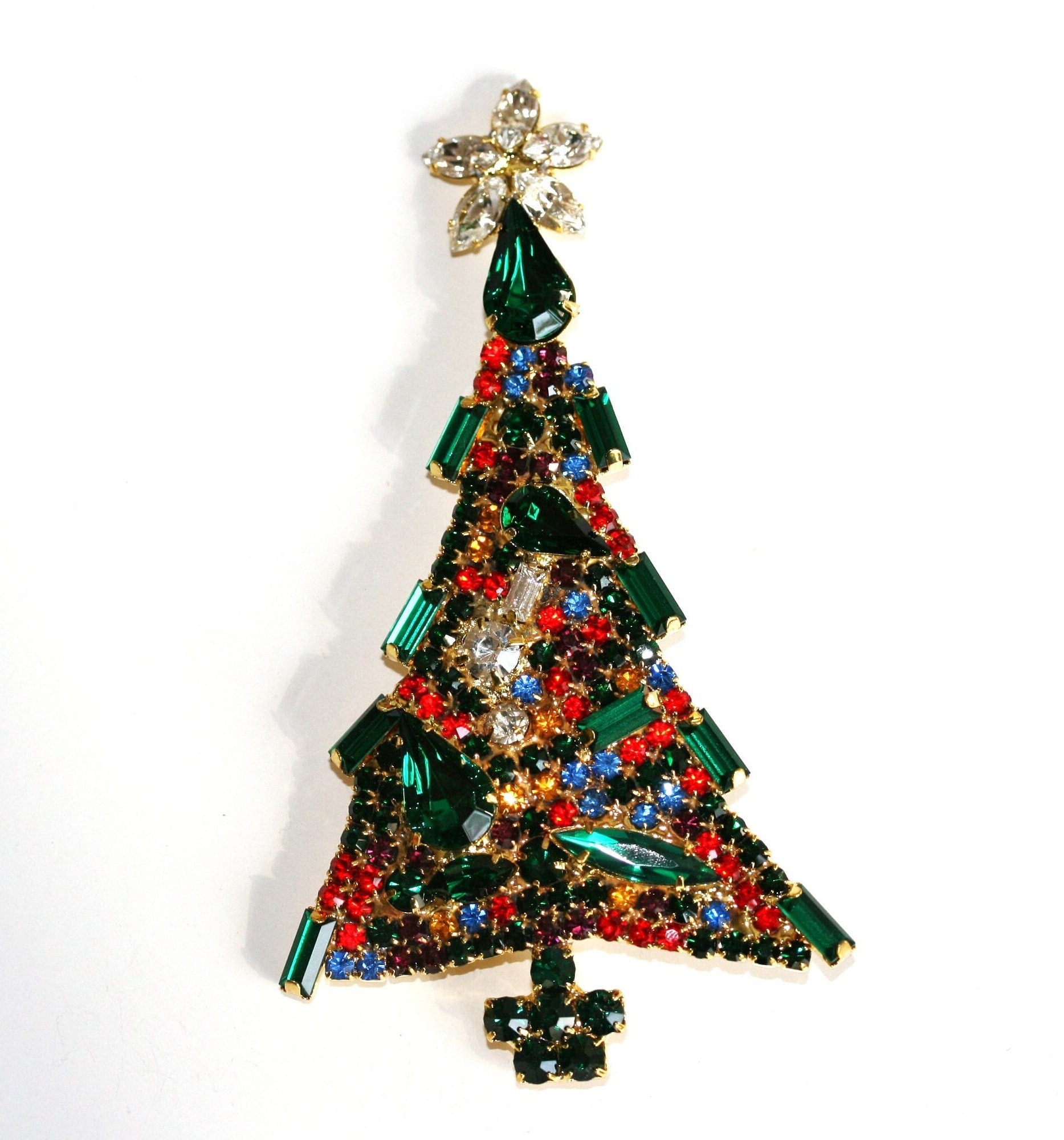 Vintage Christmas Tree Brooch Pin, Multi Color Rhinestone Xmas Tree Brooch Large Christmas Pin
