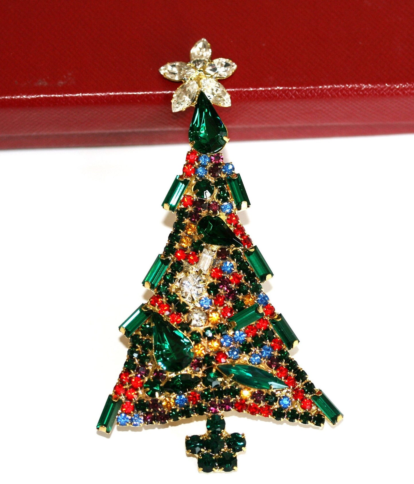 Vintage Christmas Tree Brooch Pin, Multi Color Rhinestone Xmas Tree Brooch Large Christmas Pin