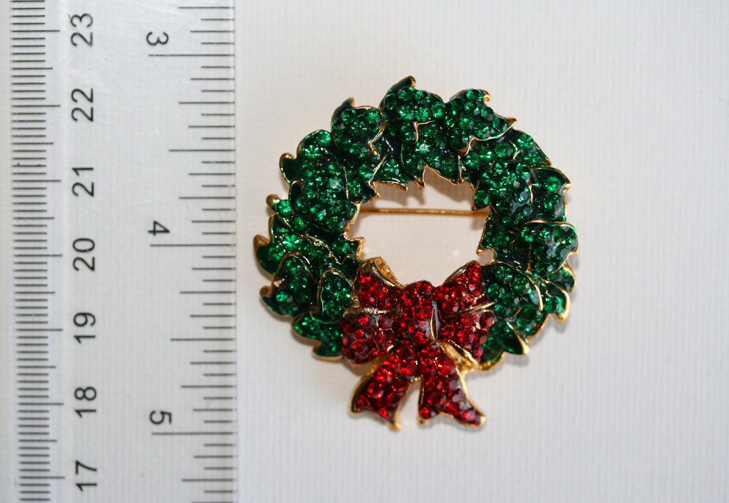 Vintage Rhinestone Christmas Wreath Brooch With Red Bow, Xmas Holiday Jewelry Gift, Wreath Pin