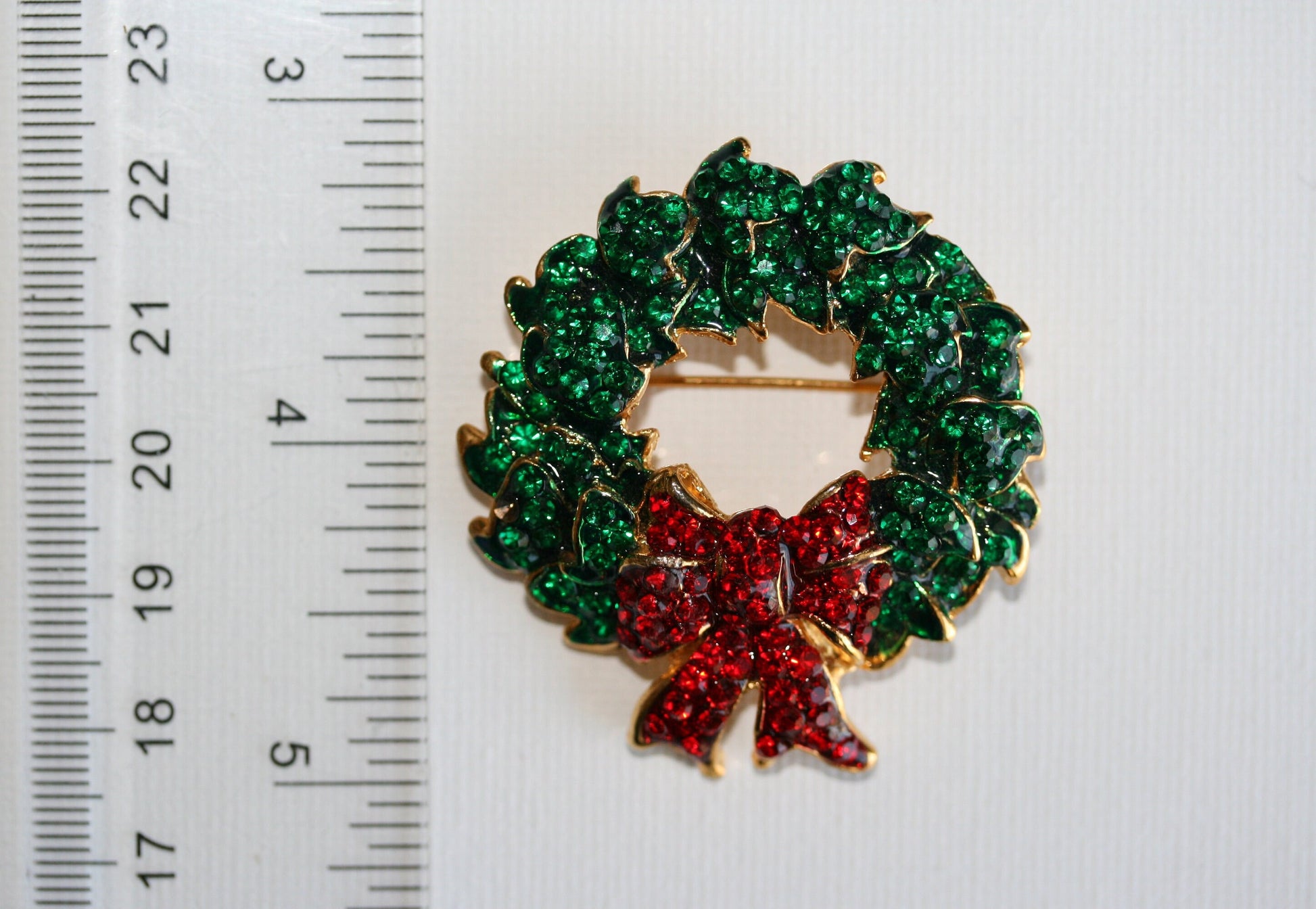 Vintage Rhinestone Christmas Wreath Brooch With Red Bow, Xmas Holiday Jewelry Gift, Wreath Pin