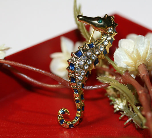 Gold Tone Seahorse Pin Brooch Blue, Green Enamel Seahorse Brooch, Seahorse Stud Earrings