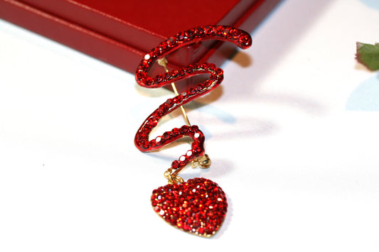 Valentines Heart Brooch Vintage Ruby Red Rhinestone Dangling Heart Brooch Pin, Valentine Hearts Jewelry For Her