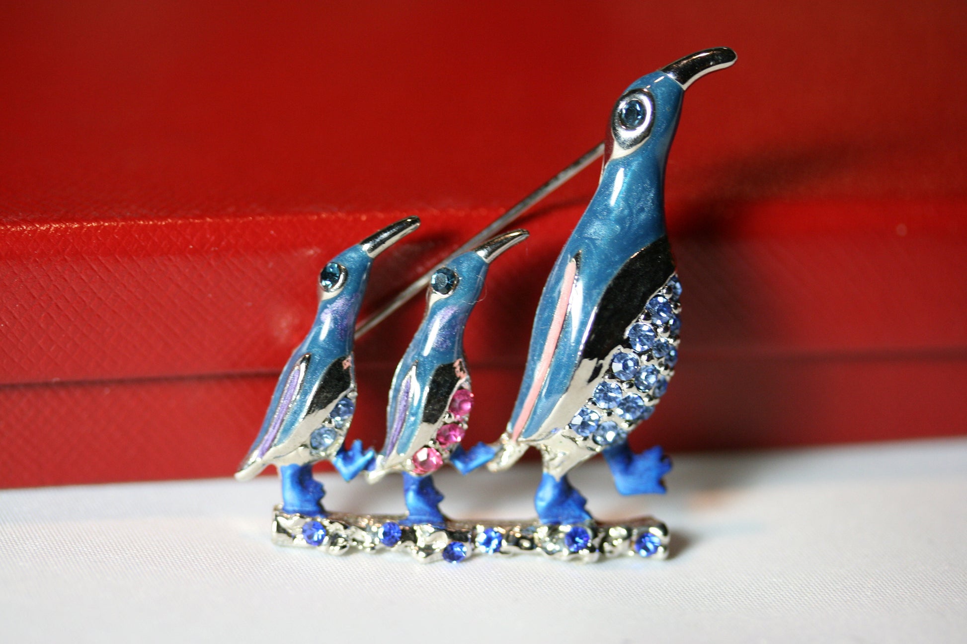 Fine Blue Enamel & Crystal Three Penguins Family Brooch Rhinestone Penguins Pin