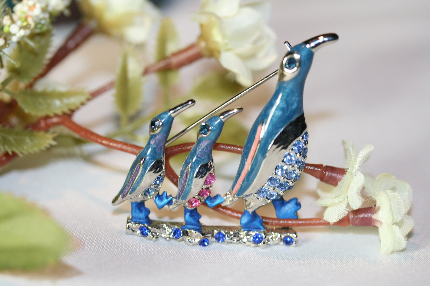 Fine Blue Enamel & Crystal Three Penguins Family Brooch Rhinestone Penguins Pin