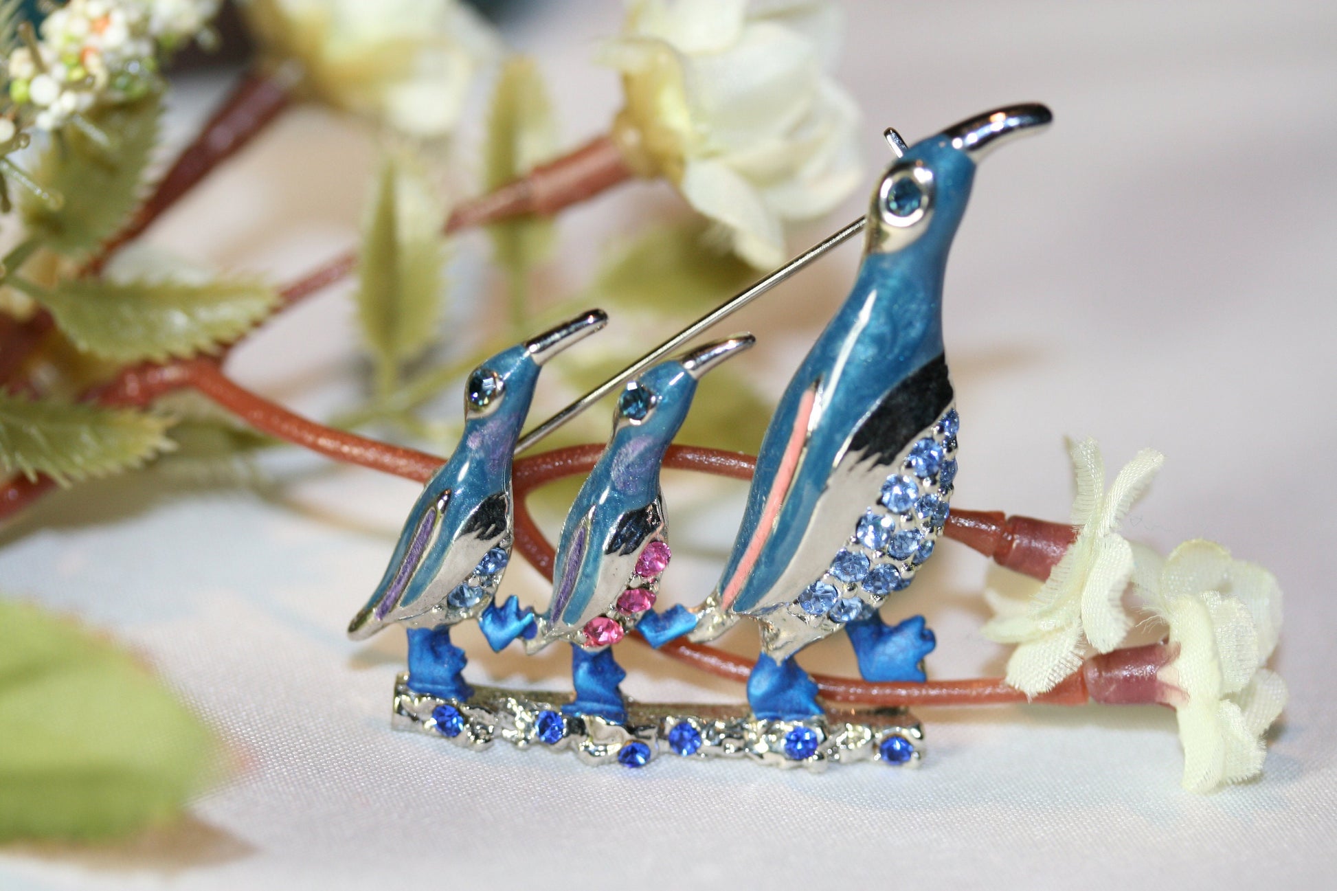 Fine Blue Enamel & Crystal Three Penguins Family Brooch Rhinestone Penguins Pin