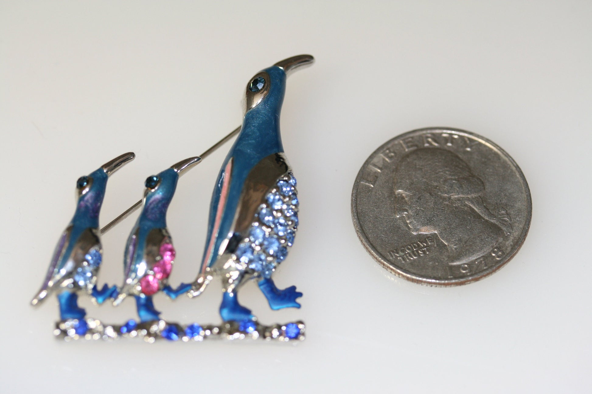 Fine Blue Enamel & Crystal Three Penguins Family Brooch Rhinestone Penguins Pin