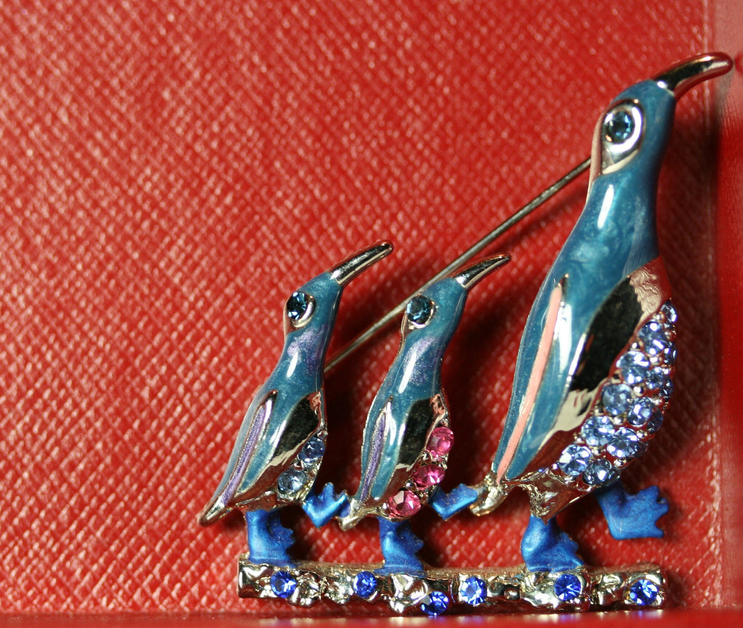 Fine Blue Enamel & Crystal Three Penguins Family Brooch Rhinestone Penguins Pin