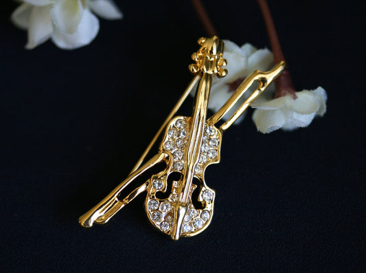 Gold Tone Rhinestone Violin Pin Brooch Jewelry Musical Instrument Jewelry Gift