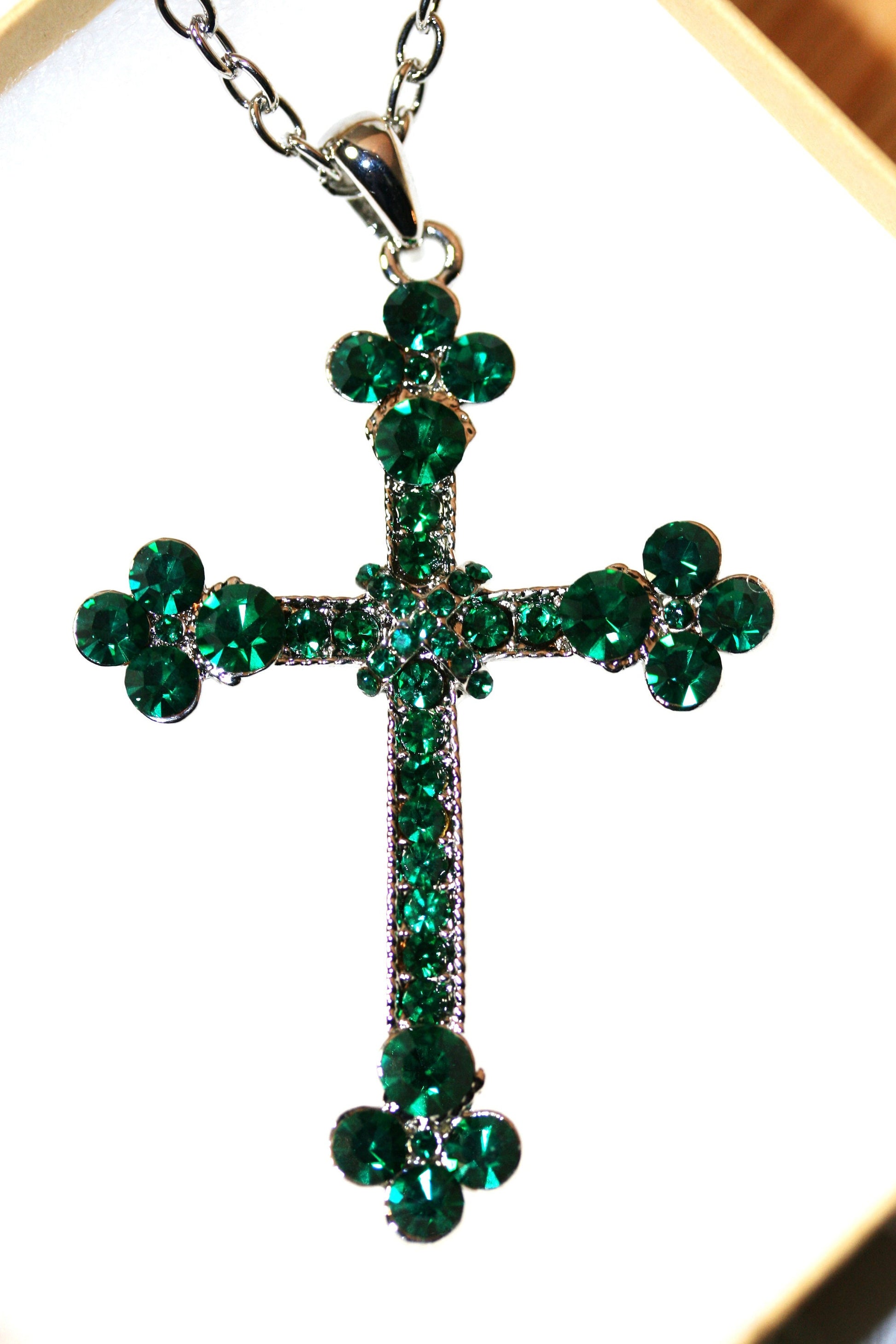 Emerald Cross Pendant Necklace In Silver Green Diamonds Zircon Filled Cross Necklace