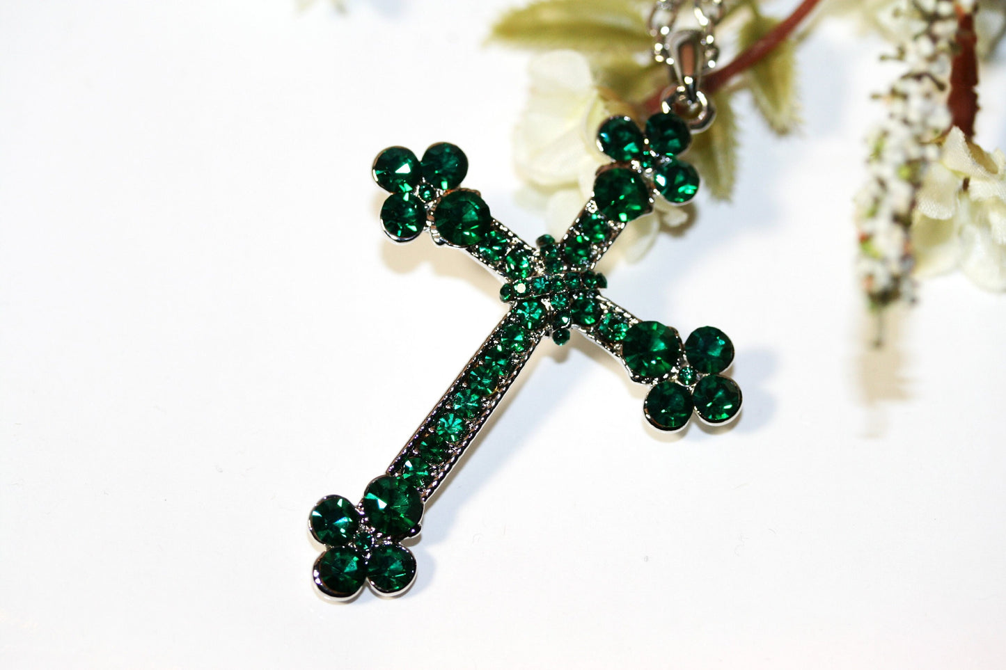 Emerald Cross Pendant Necklace In Silver Green Diamonds Zircon Filled Cross Necklace