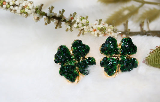 Rhinestone Green Shamrock Post Earrings , Emerald colored 4 Leaf Clover Earrings , Irish Jewelry, St Patrick's Earrings