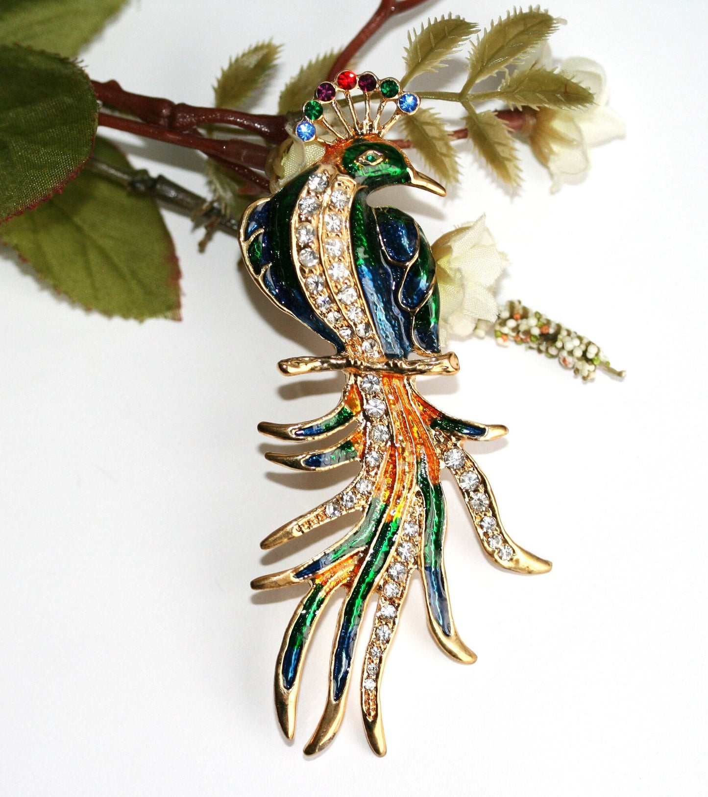 Vintage Peacock Bird Brooch Enameled Rhinestone Peacock Brooch Pin