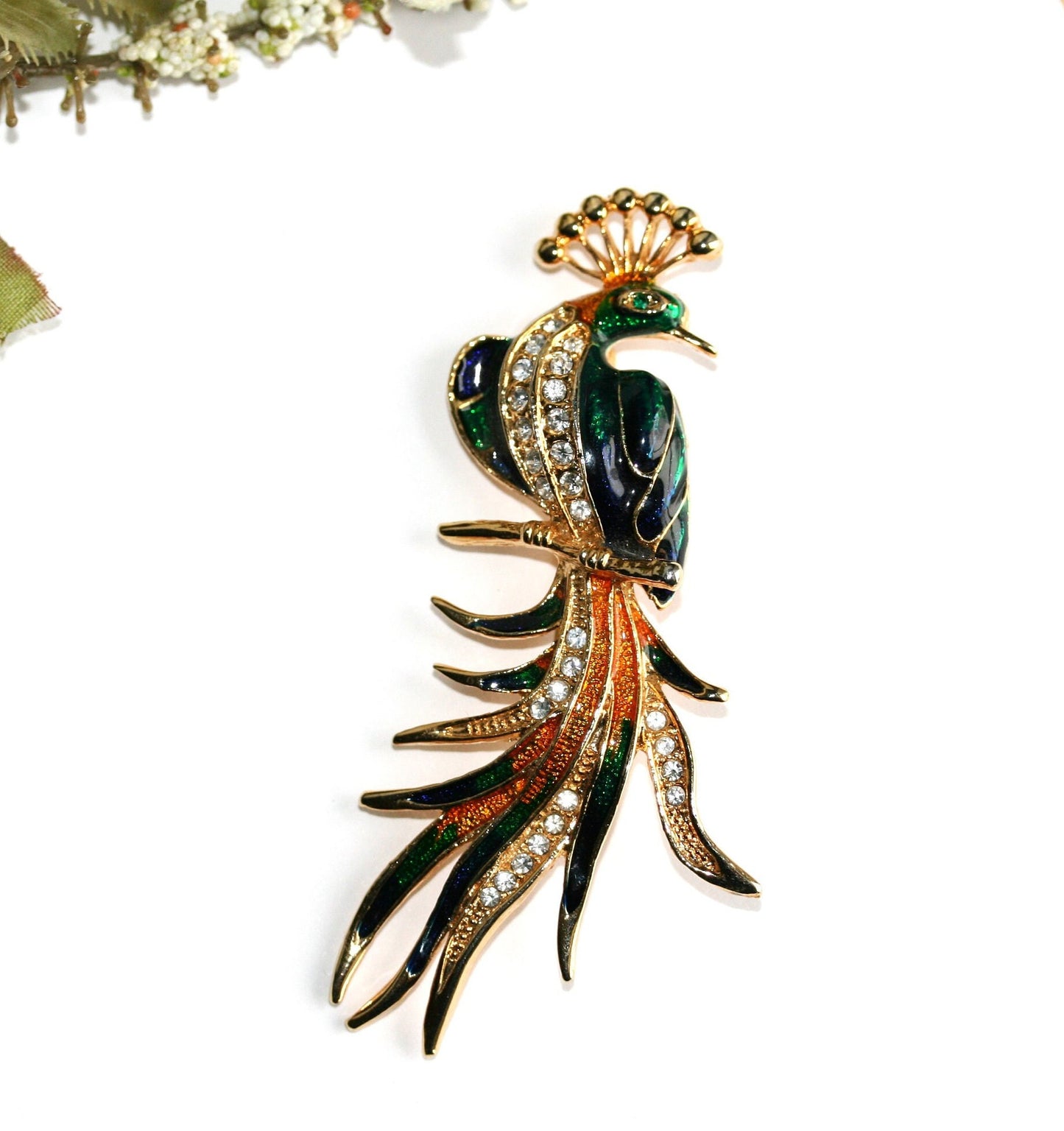 Vintage Peacock Bird Brooch Enameled Rhinestone Peacock Brooch Pin