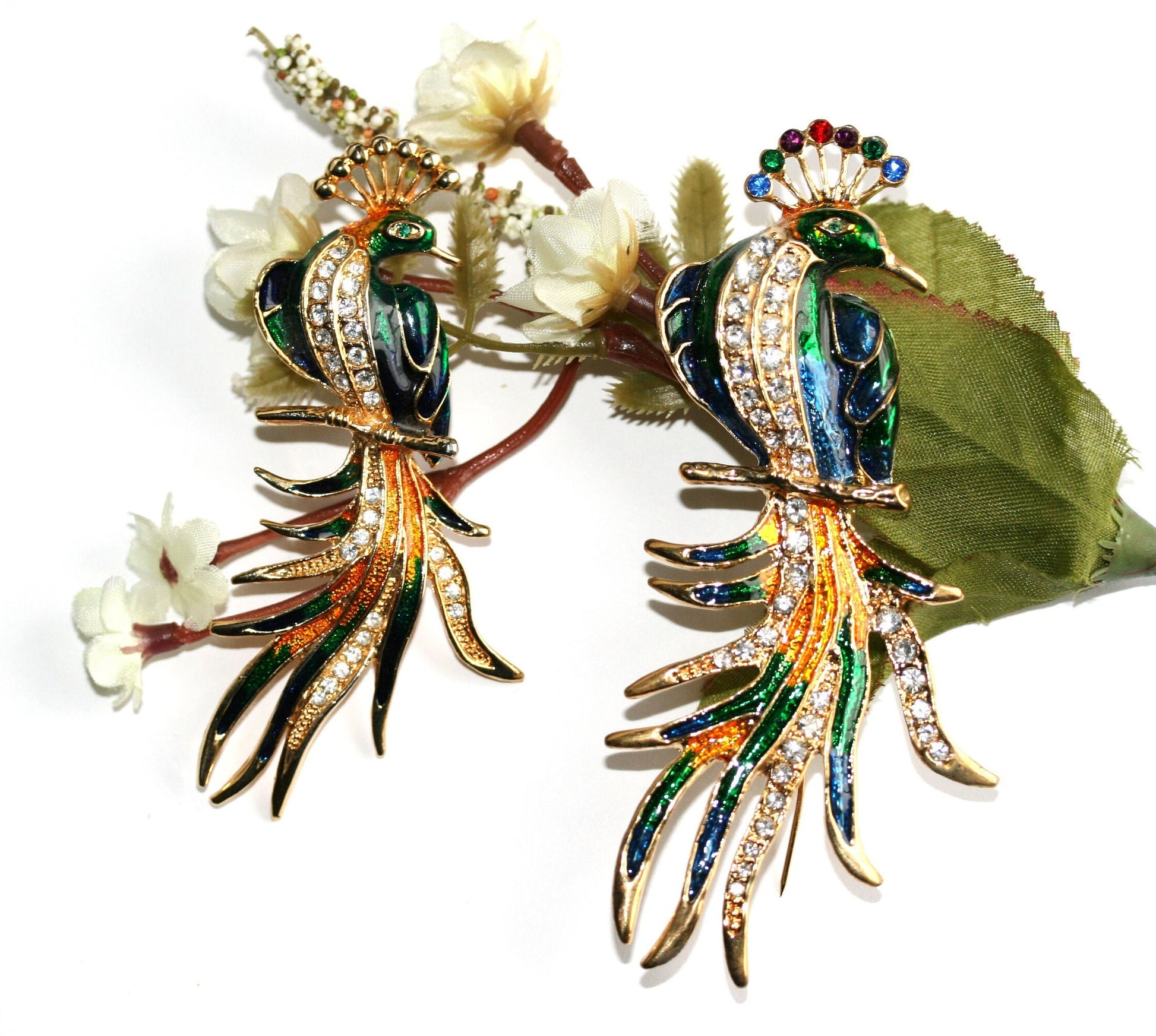 Vintage Peacock Bird Brooch Enameled Rhinestone Peacock Brooch Pin