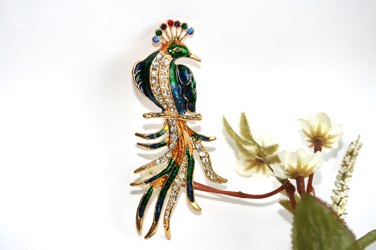 Vintage Peacock Bird Brooch Enameled Rhinestone Peacock Brooch Pin
