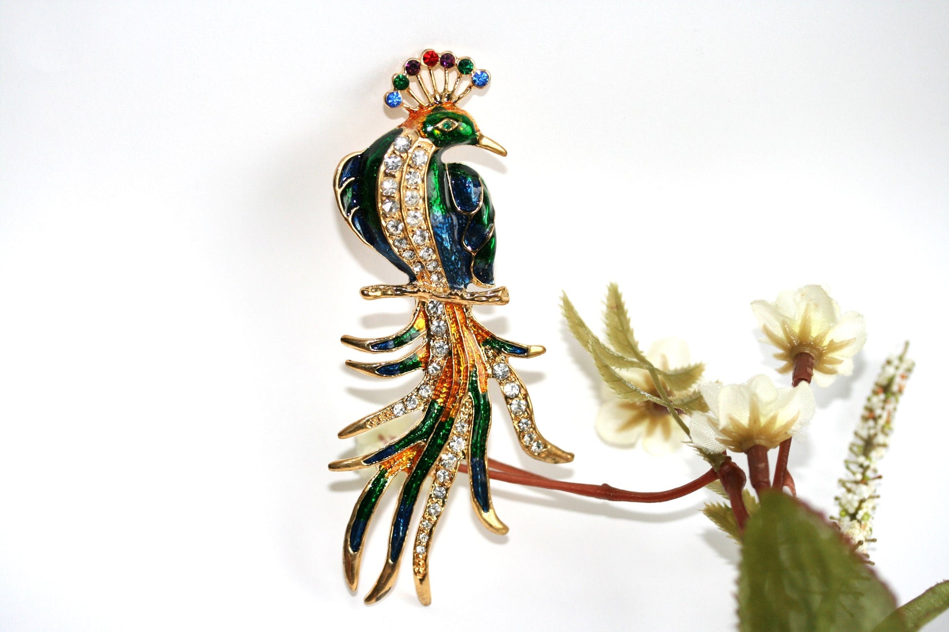 Vintage Peacock Bird Brooch Enameled Rhinestone Peacock Brooch Pin