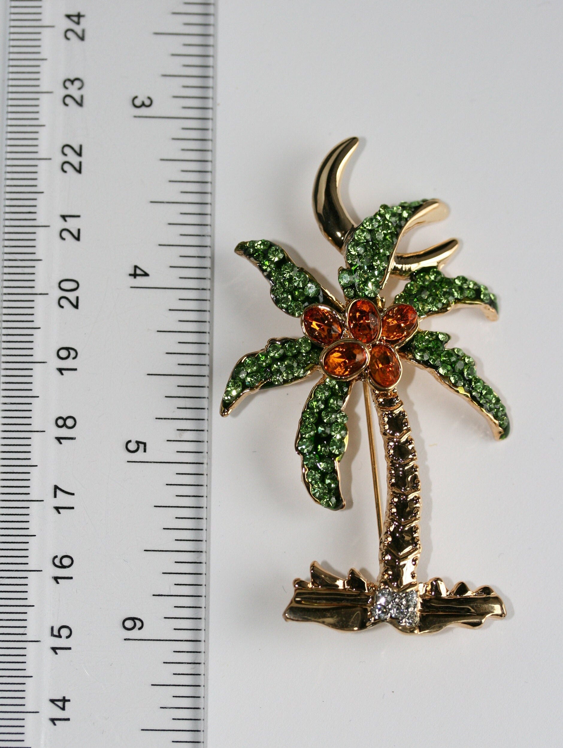 Rhinestone Palm Tree Pave Brooch Pin Tropical Beach Palm Tree Pin Brooch Lime Green Brown Rhinestone Jewelry