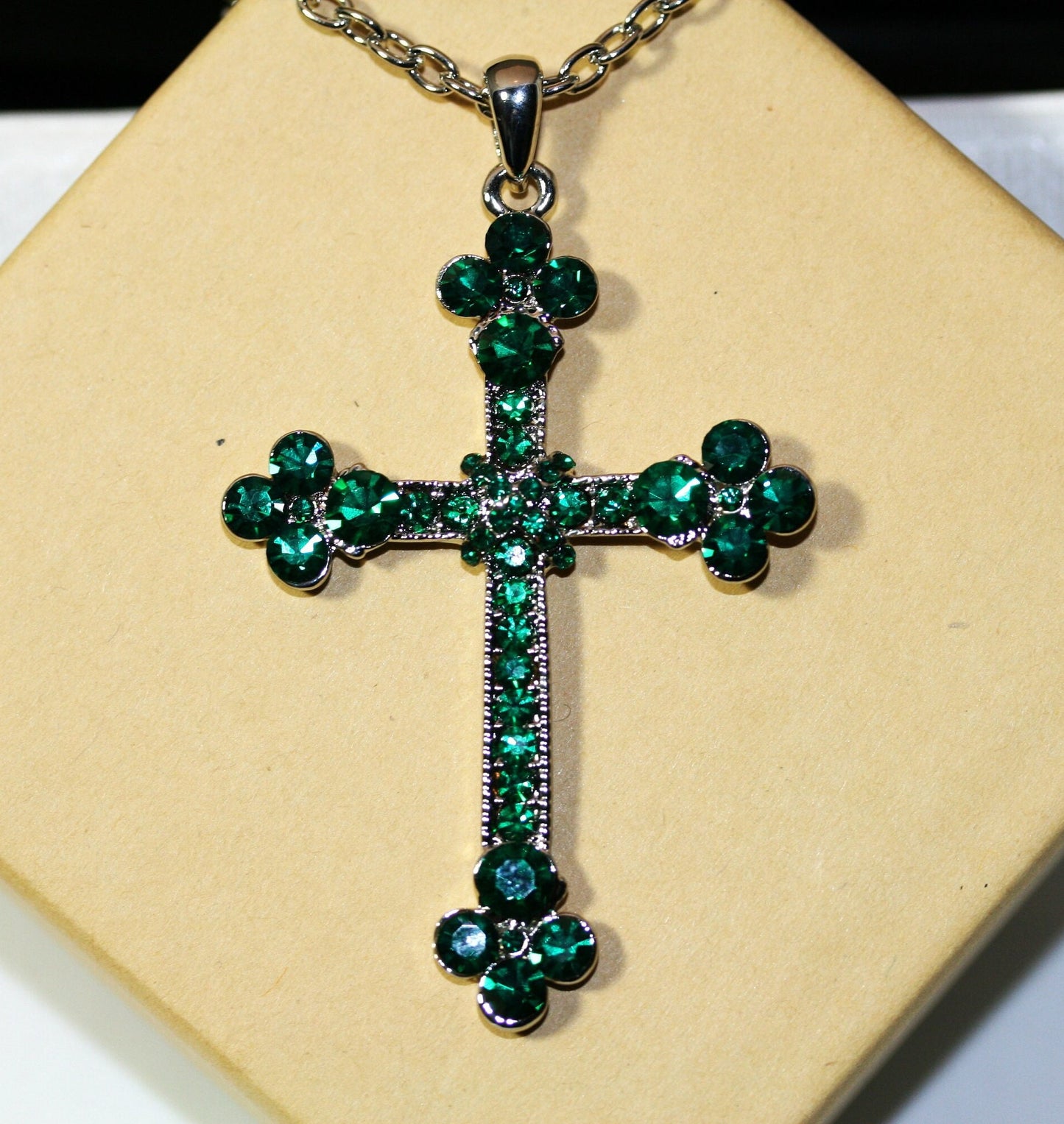 Emerald Cross Pendant Necklace In Silver Green Diamonds Zircon Filled Cross Necklace