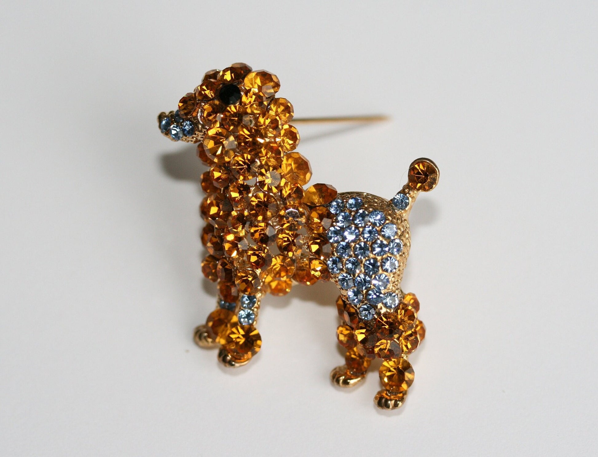 Rhinestone Poodle Brooch, Crystal Poodle Dog Puppy Pin, Gold Tone Poodle Pin Unique Gift for Dog Lover