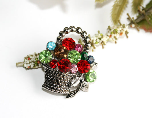 Colorful Crystal Rhinestone Gem Easter Fruit Flower Goodies Basket Pin Brooch Easter Basket Brooch