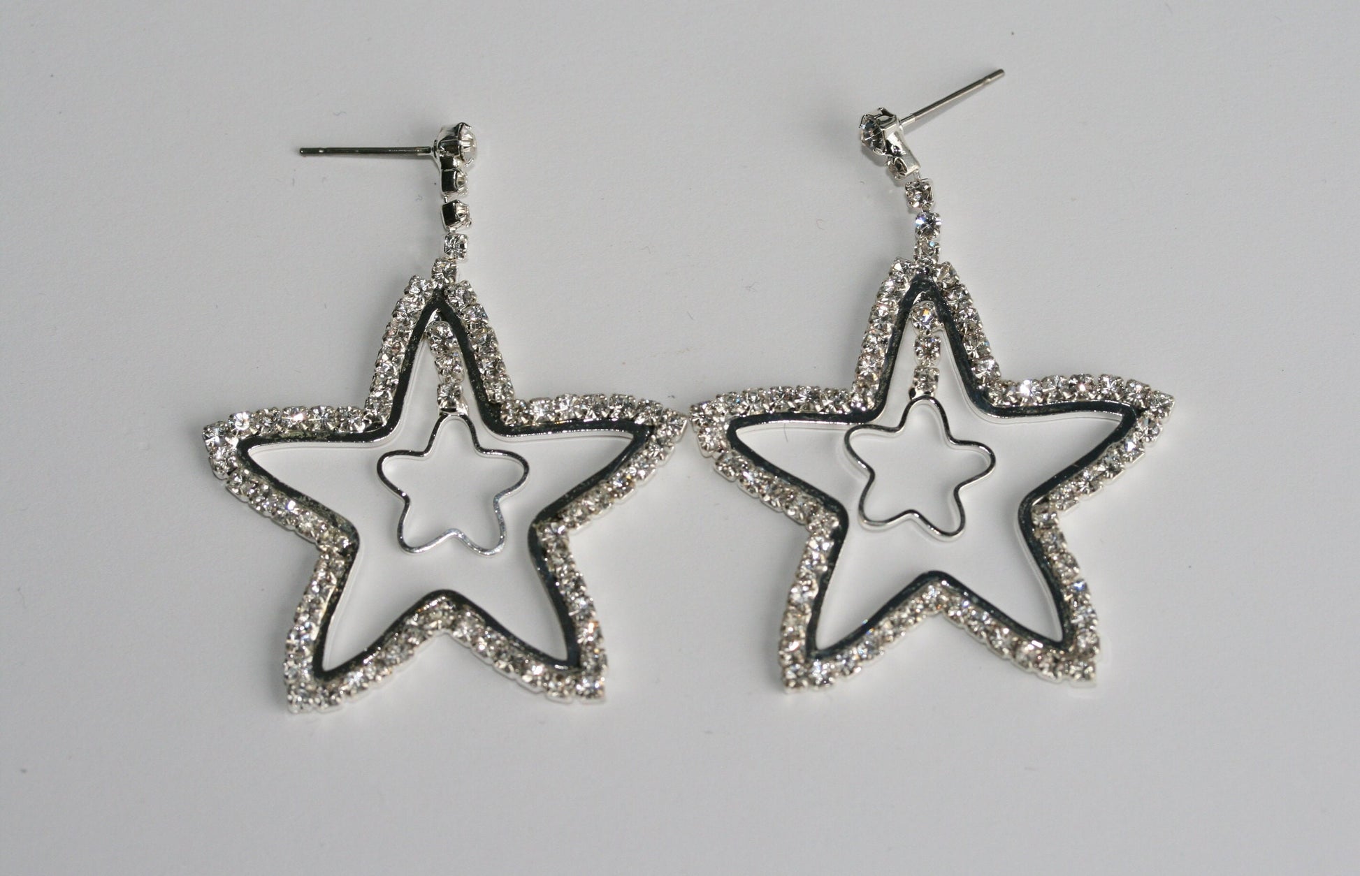 Crystal Rhinestone Star Earrings Open Center Dangle Silver Star Earrings