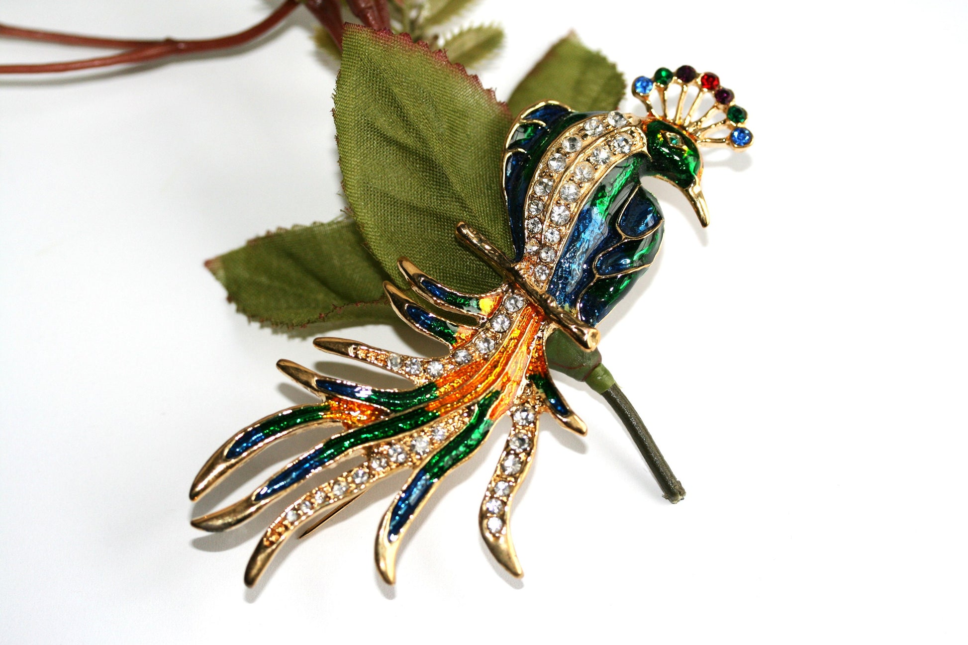 Vintage Peacock Bird Brooch Enameled Rhinestone Peacock Brooch Pin