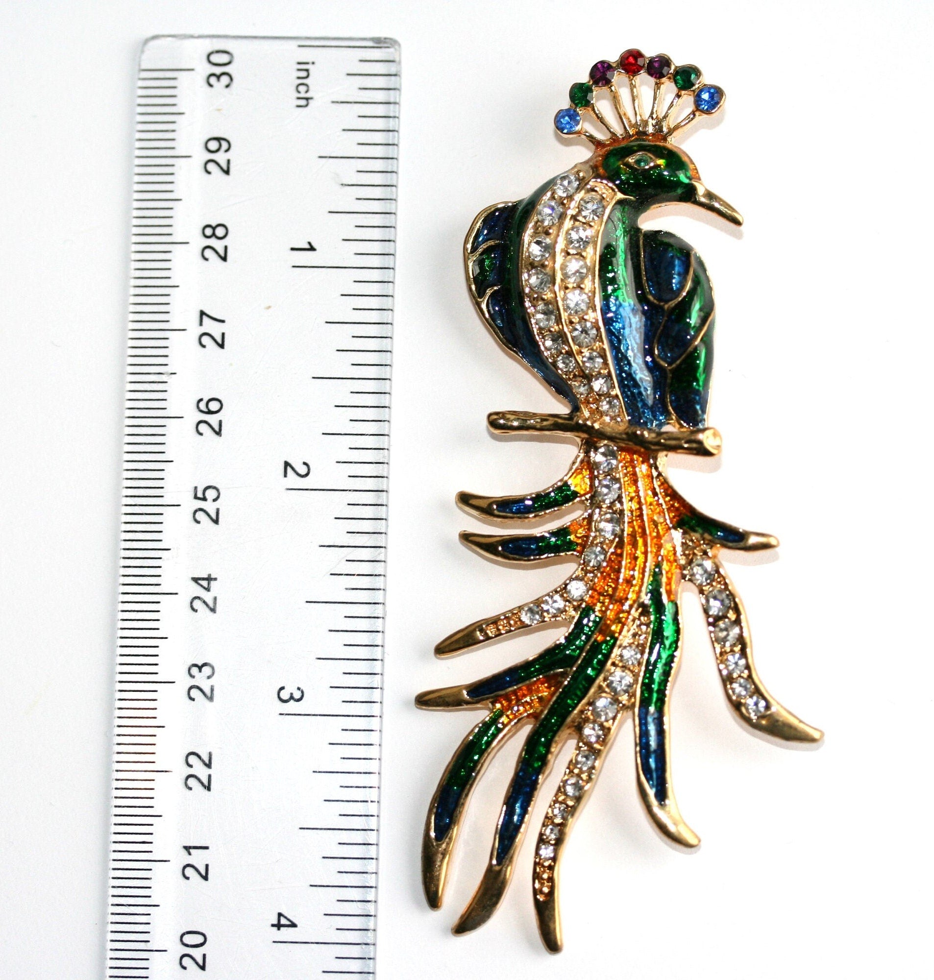 Vintage Peacock Bird Brooch Enameled Rhinestone Peacock Brooch Pin