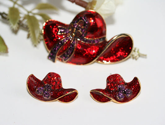 Red Hat Club Lapel Pin, Red Hat Club Post Earrings Fashion Red hat Pin and Earrings Set