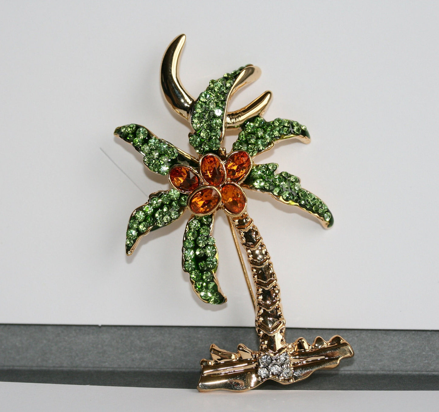 Rhinestone Palm Tree Pave Brooch Pin Tropical Beach Palm Tree Pin Brooch Lime Green Brown Rhinestone Jewelry