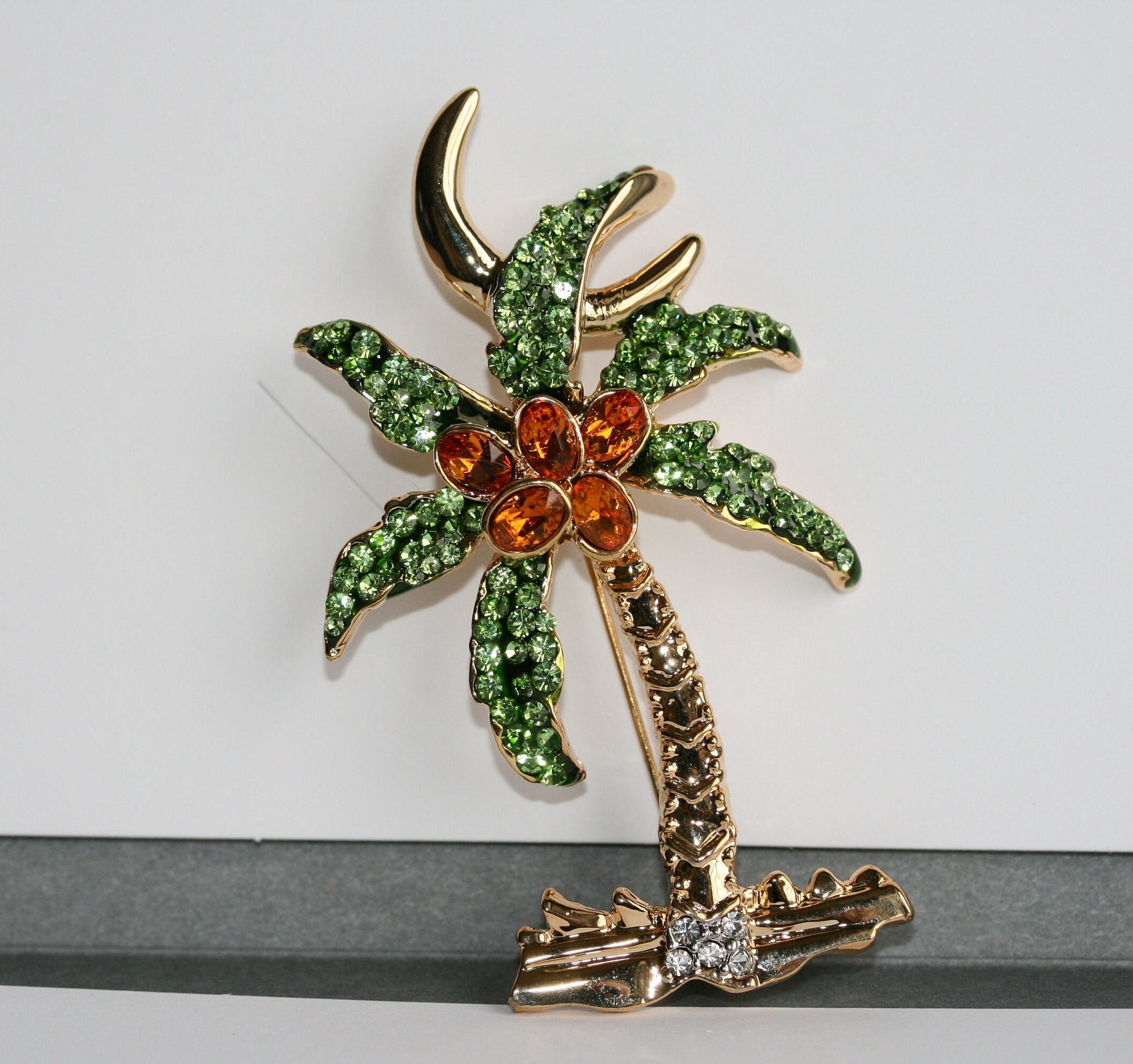 Rhinestone Palm Tree Pave Brooch Pin Tropical Beach Palm Tree Pin Brooch Lime Green Brown Rhinestone Jewelry