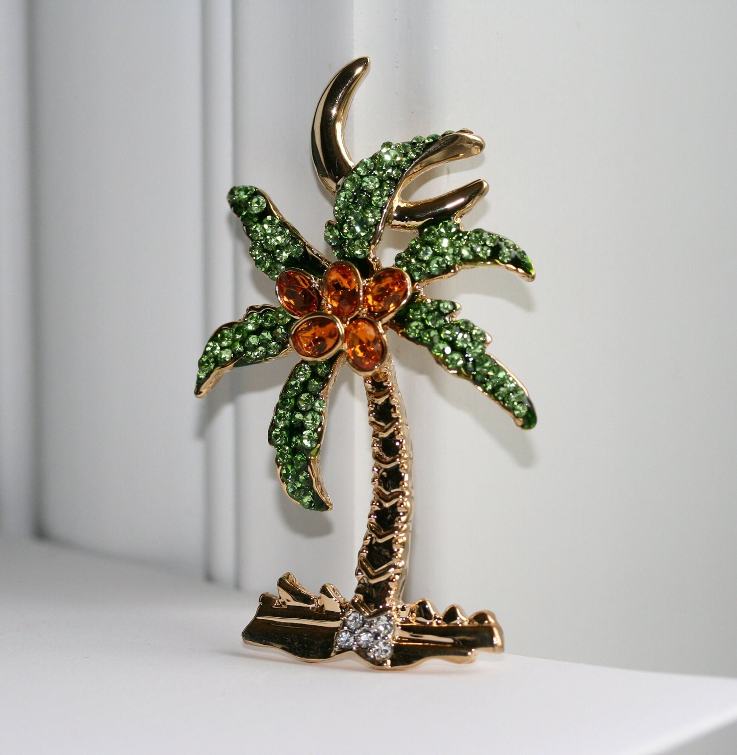 Rhinestone Palm Tree Pave Brooch Pin Tropical Beach Palm Tree Pin Brooch Lime Green Brown Rhinestone Jewelry