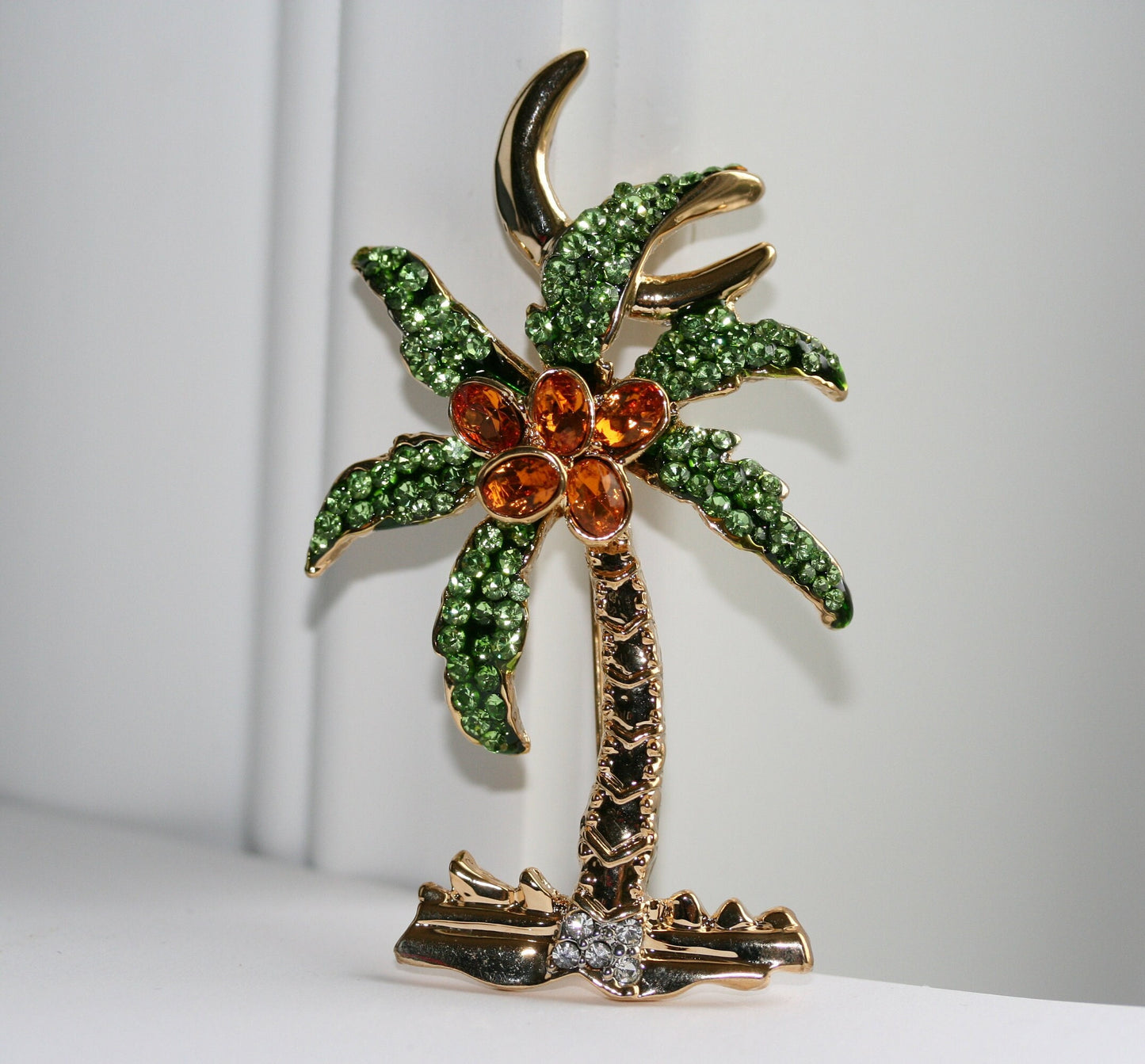 Rhinestone Palm Tree Pave Brooch Pin Tropical Beach Palm Tree Pin Brooch Lime Green Brown Rhinestone Jewelry