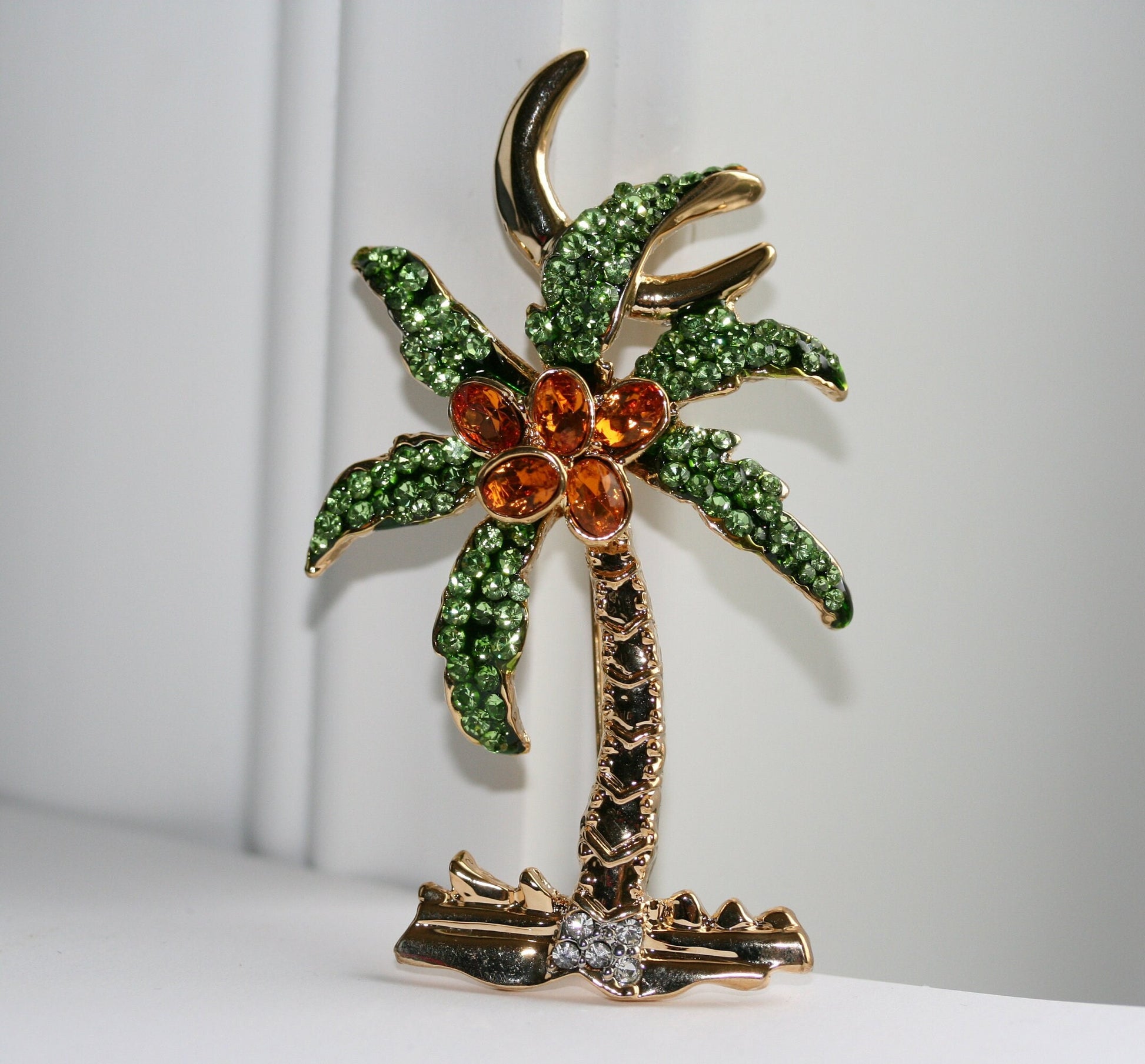 Rhinestone Palm Tree Pave Brooch Pin Tropical Beach Palm Tree Pin Brooch Lime Green Brown Rhinestone Jewelry