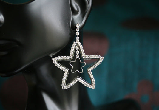 Crystal Rhinestone Star Earrings Open Center Dangle Silver Star Earrings