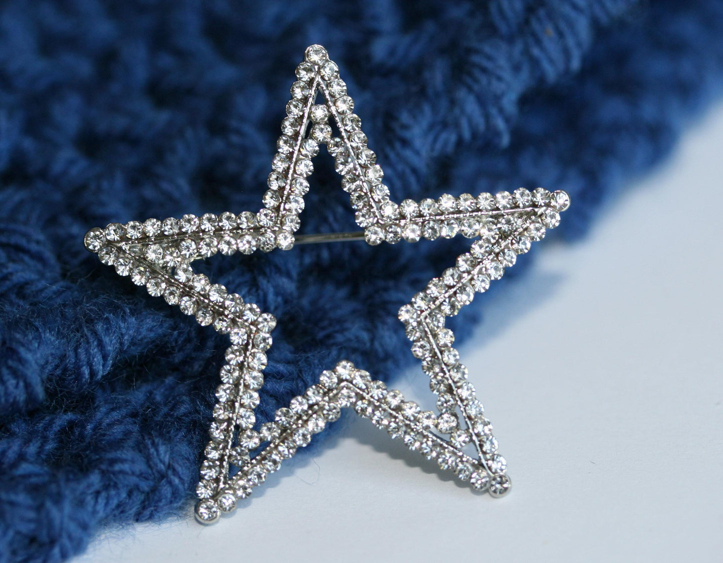 Silver Plated Clear Austrian Crystal Open Layered Star Brooch Rhinestone Star Pin