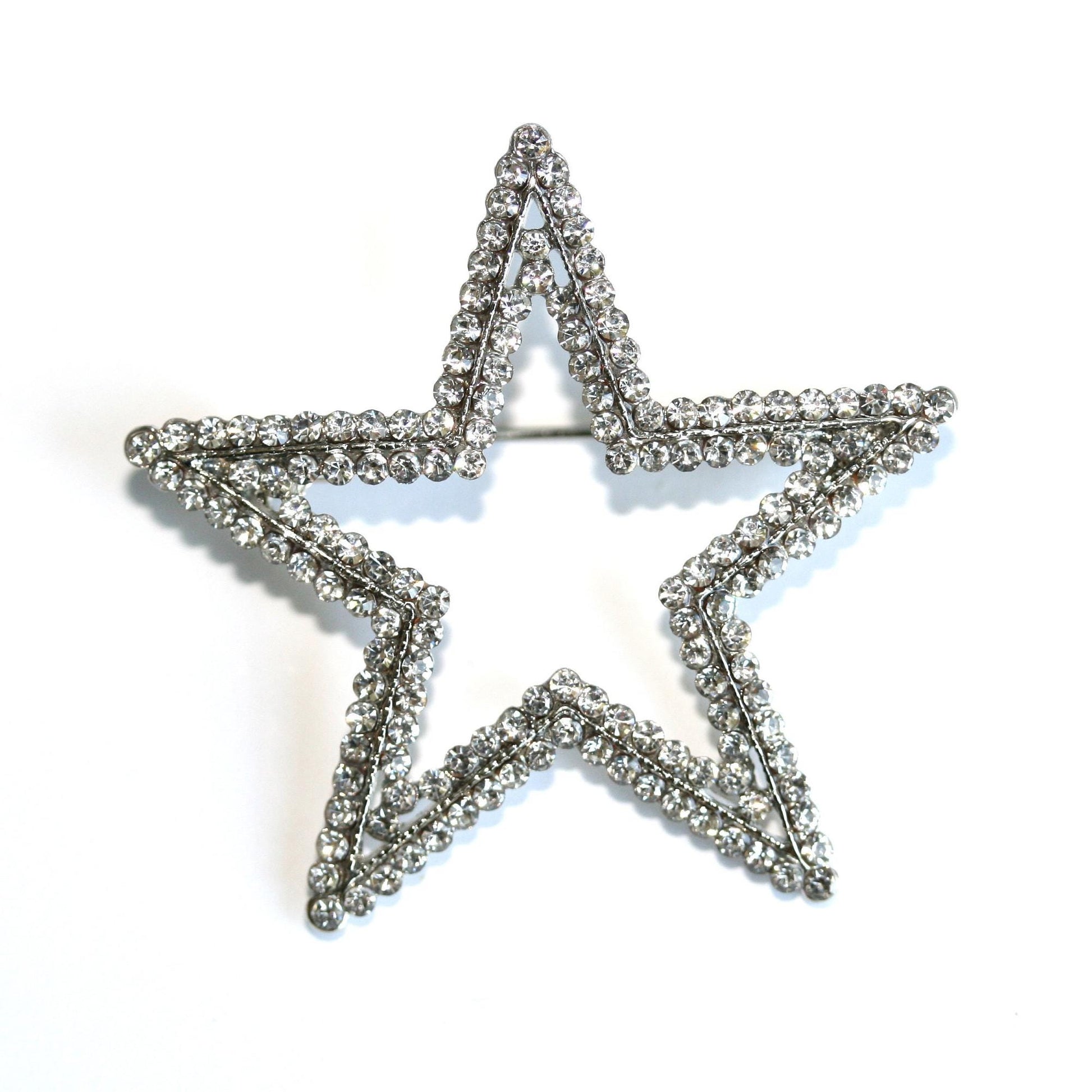 Silver Plated Clear Austrian Crystal Open Layered Star Brooch Rhinestone Star Pin