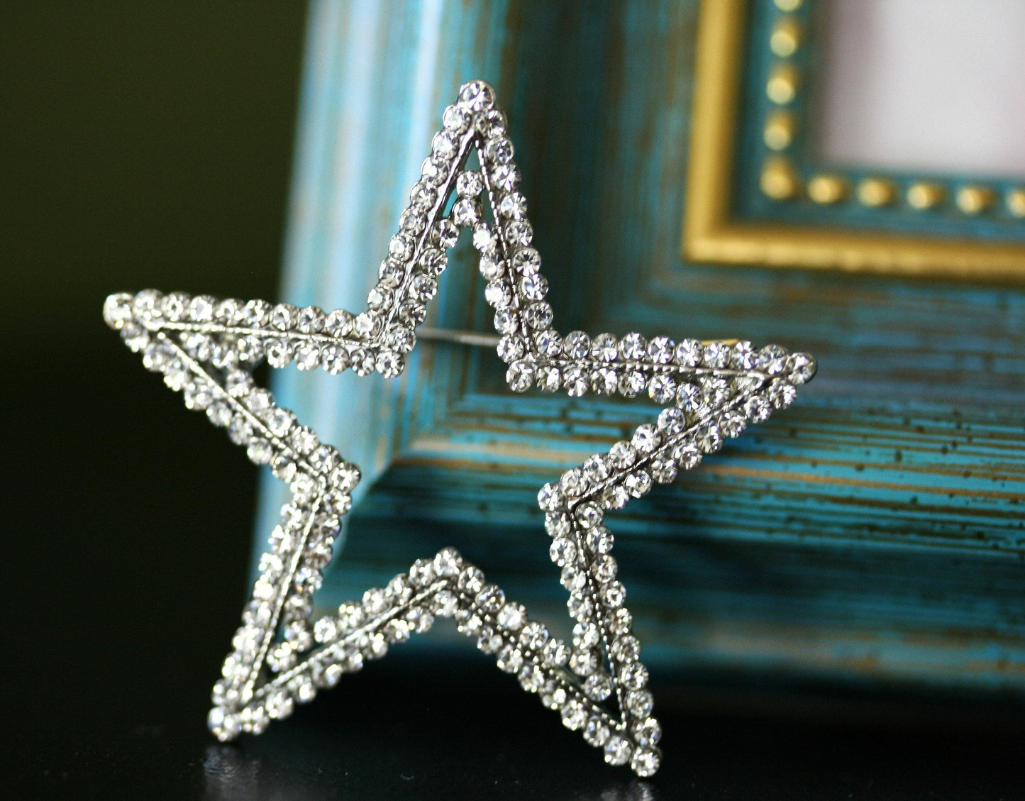 Silver Plated Clear Austrian Crystal Open Layered Star Brooch Rhinestone Star Pin