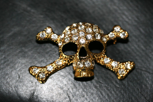 Skull Crossbones Gold Metal Blinged Rhinestones Brooch Crystal Skull Pin