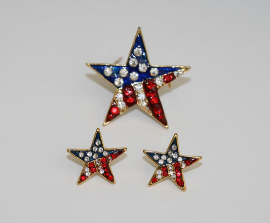 Rhinestone American Flag Star Patriotic Pin Brooch Crystal American Flag Star Patriotic Earrings