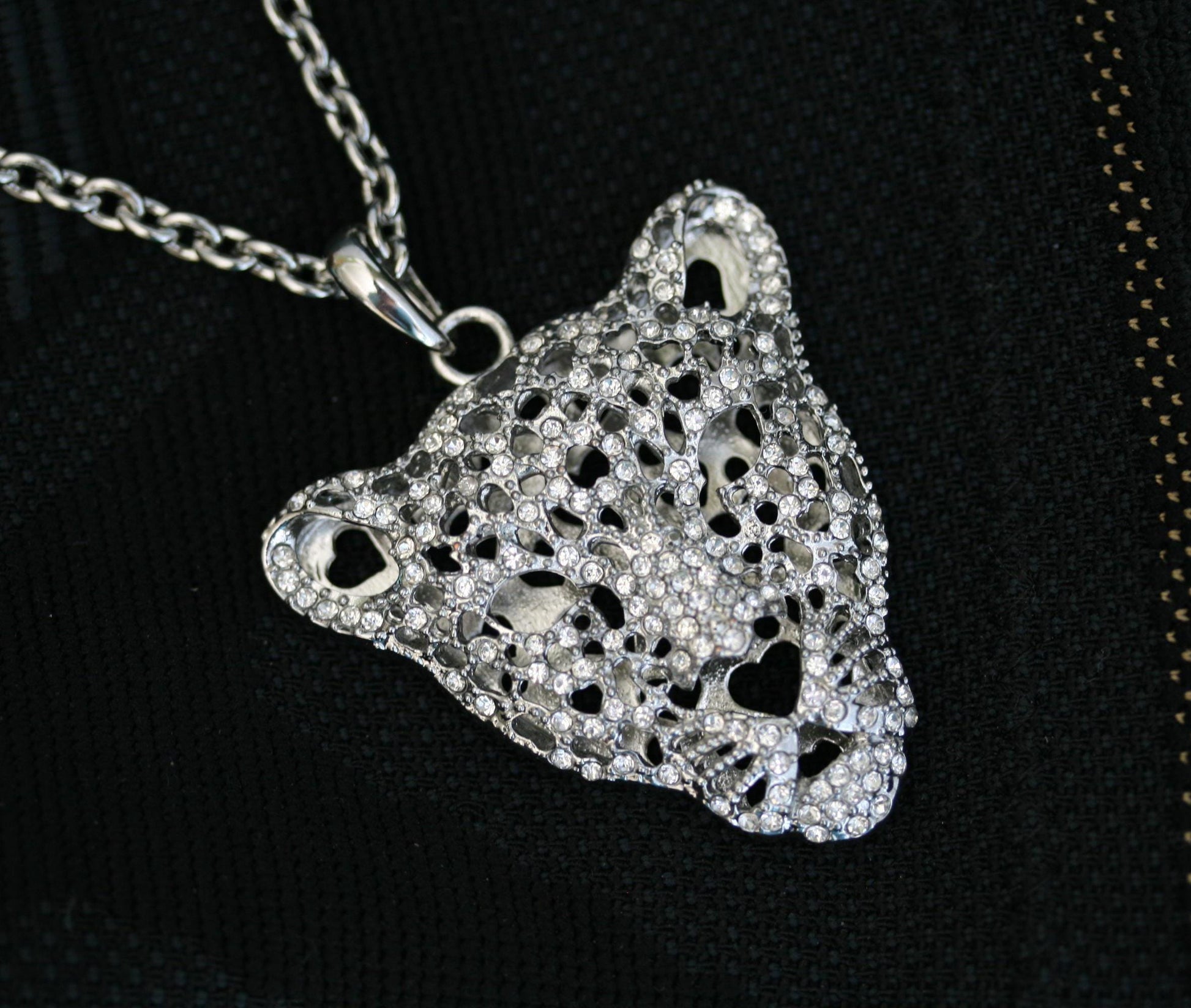 Vintage Silver-plated Leopard Tiger Head Crystal Pendant Chain Necklace