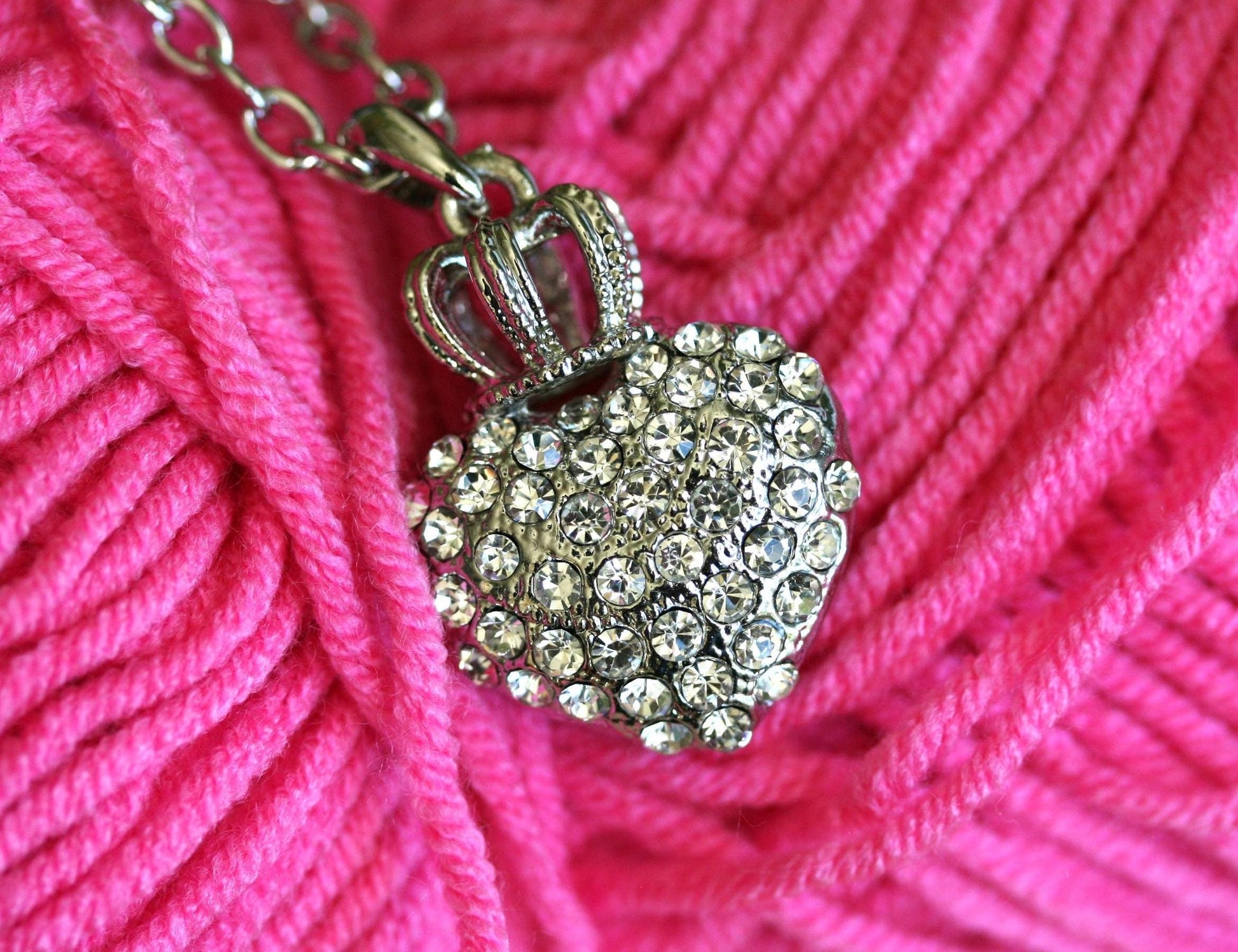 Puffy Heart and Crown Pendant Necklace Queen of Hearts Rhinestone Necklace Pendants