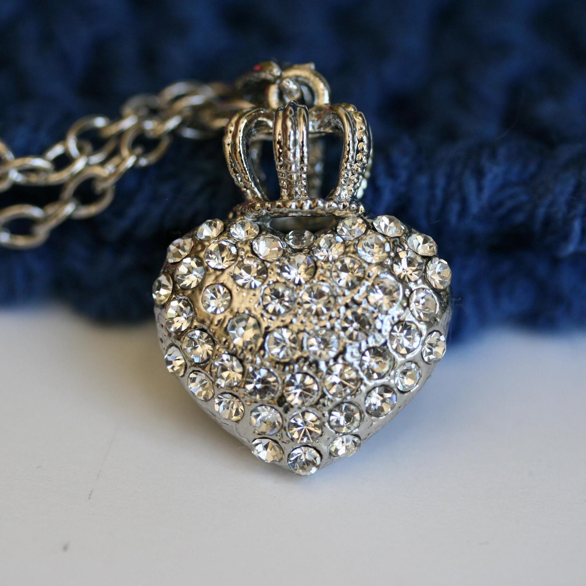 Puffy Heart and Crown Pendant Necklace Queen of Hearts Rhinestone Necklace Pendants