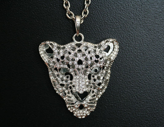 Vintage Silver-plated Leopard Tiger Head Crystal Pendant Chain Necklace