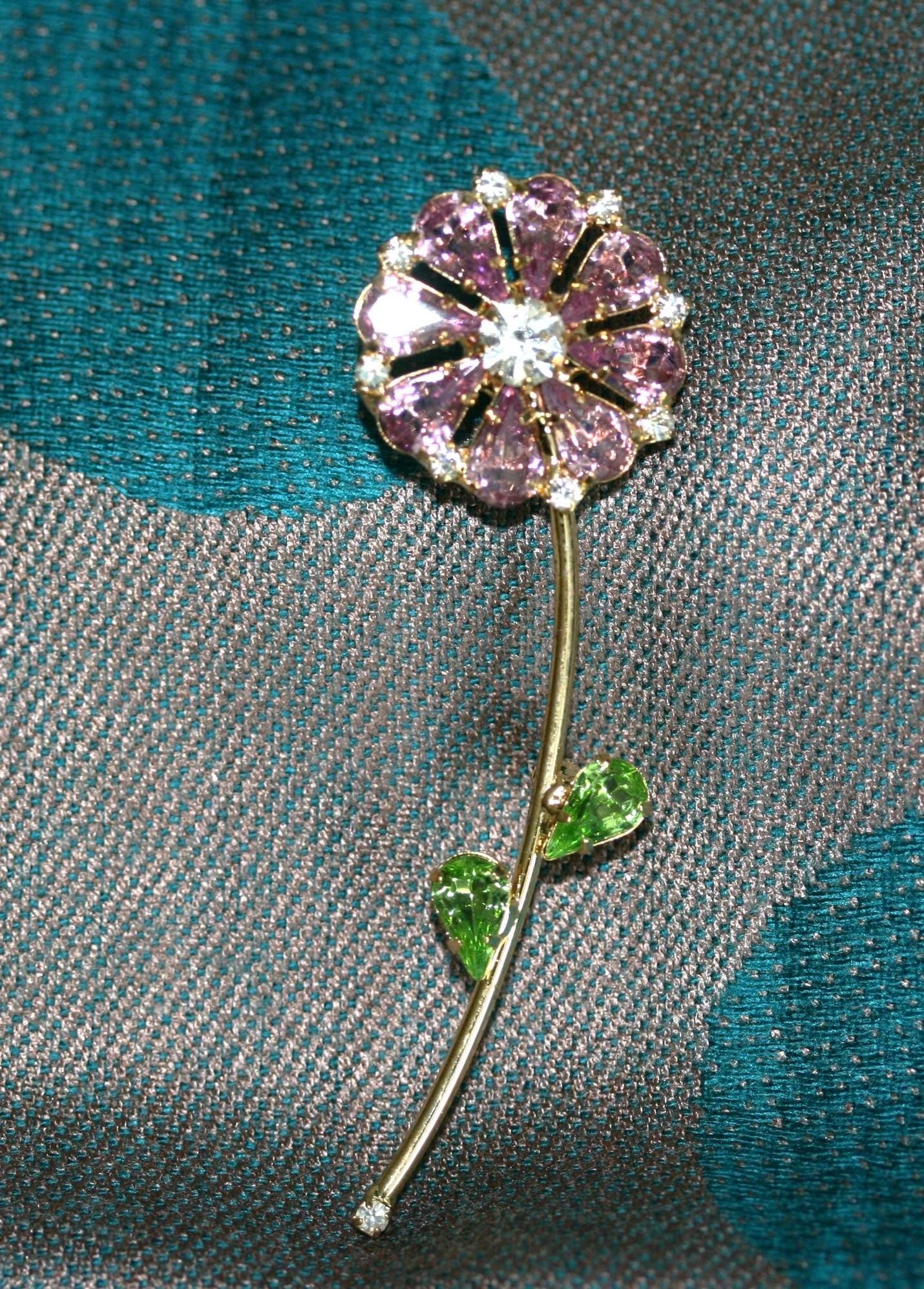 Vintage Estate Flower Brooch Pink Rhinestones Figural Pin Floral Flower Daisy Brooch