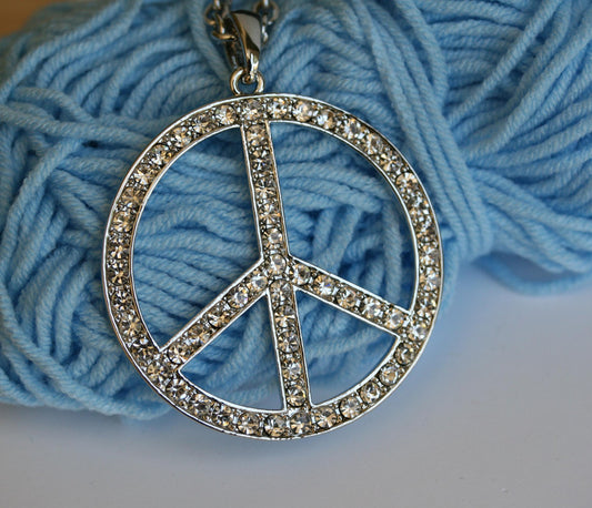 Silver and Pave Diamond Peace Sign Pendant Necklace for Women