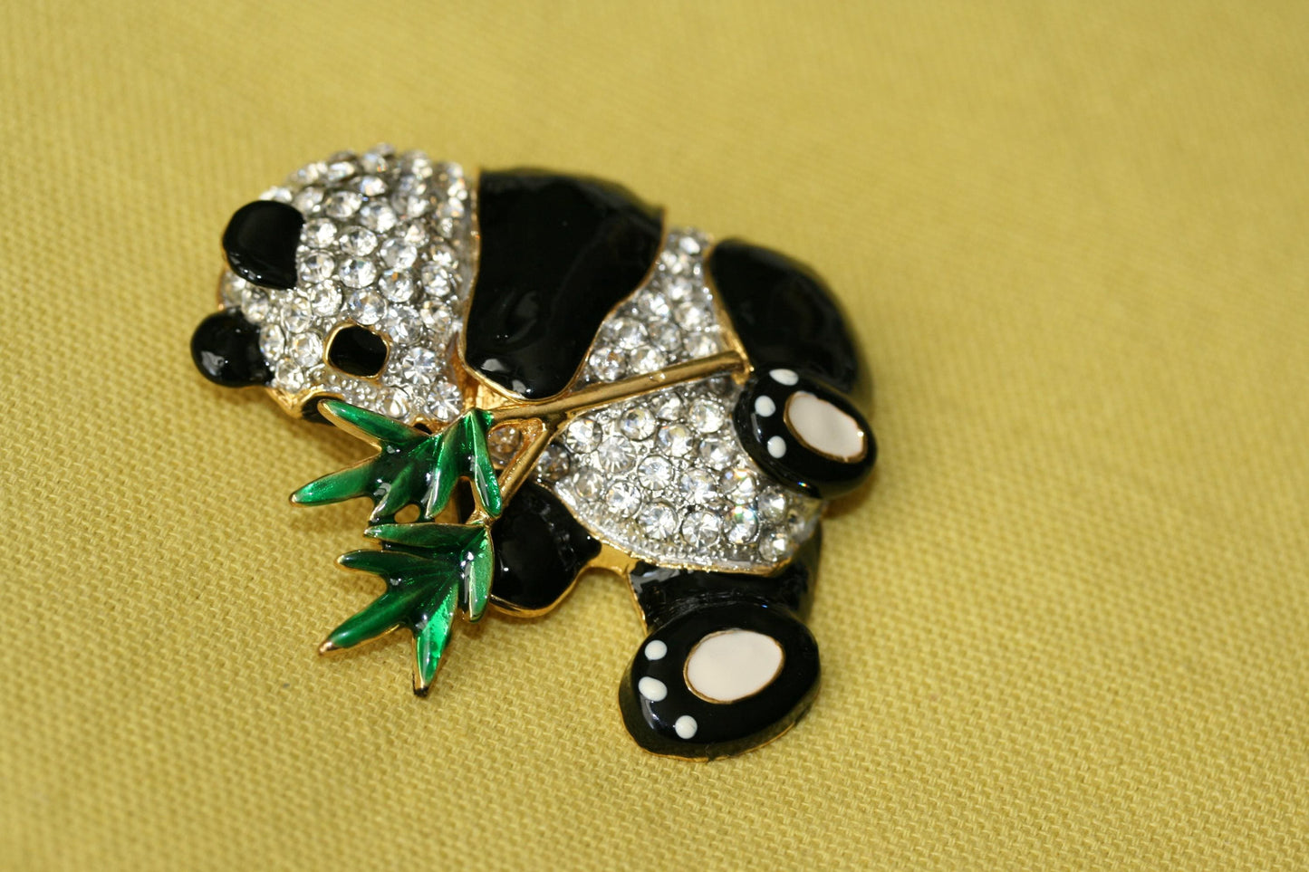 Vintage Panda Bear brooch with Clear crystals Rhinestone and black enamel. Panda Bear Pin
