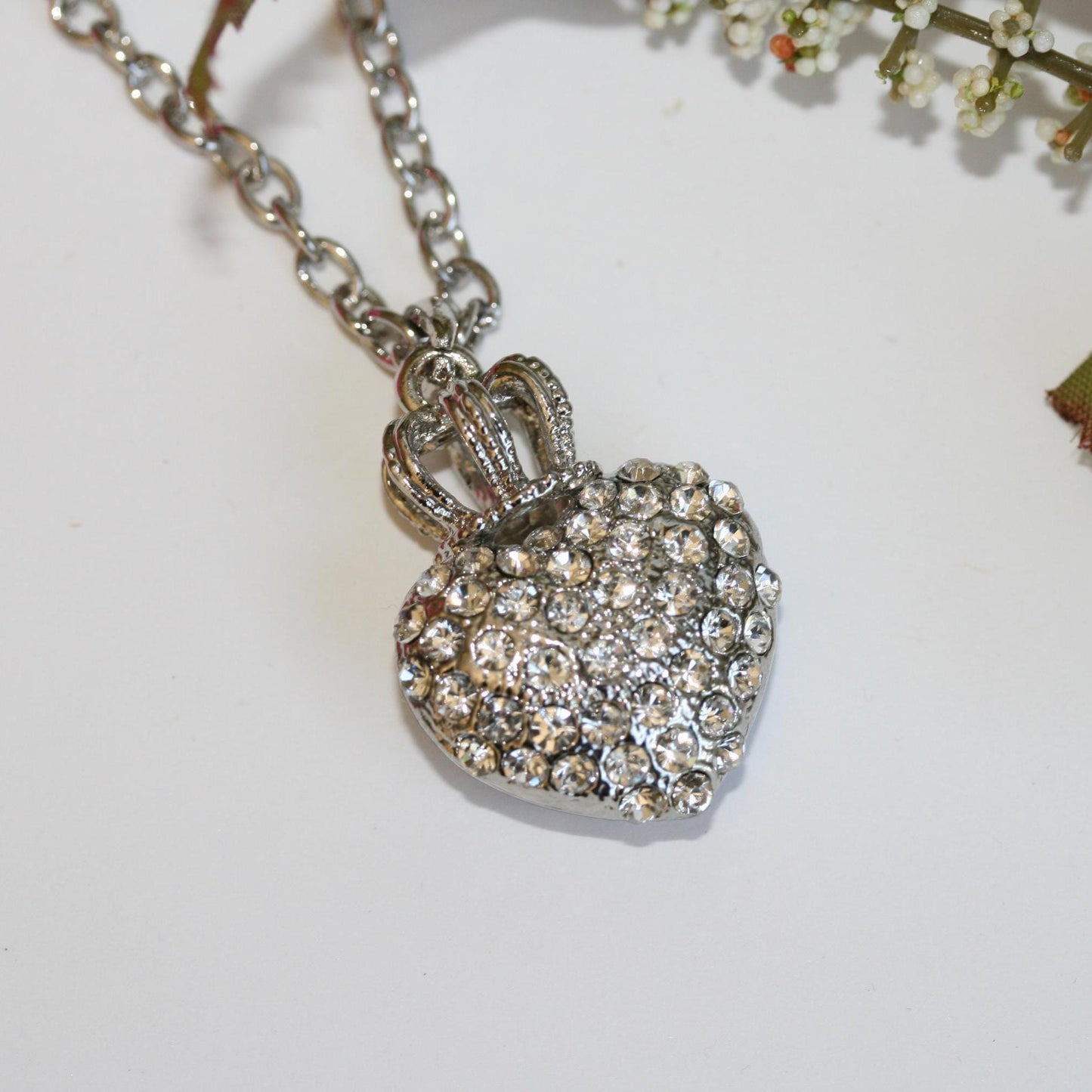 Puffy Heart and Crown Pendant Necklace Queen of Hearts Rhinestone Necklace Pendants