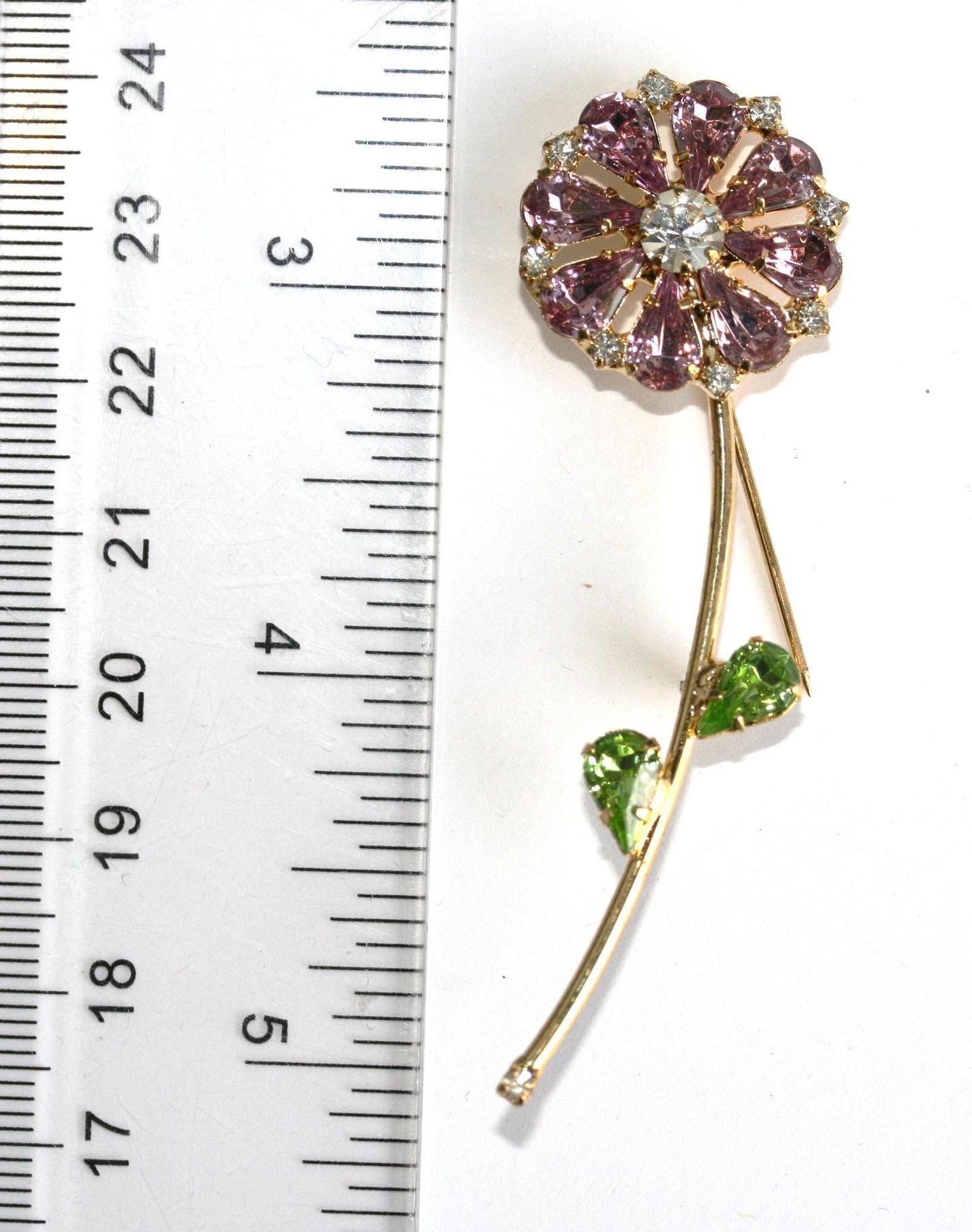 Vintage Estate Flower Brooch Pink Rhinestones Figural Pin Floral Flower Daisy Brooch