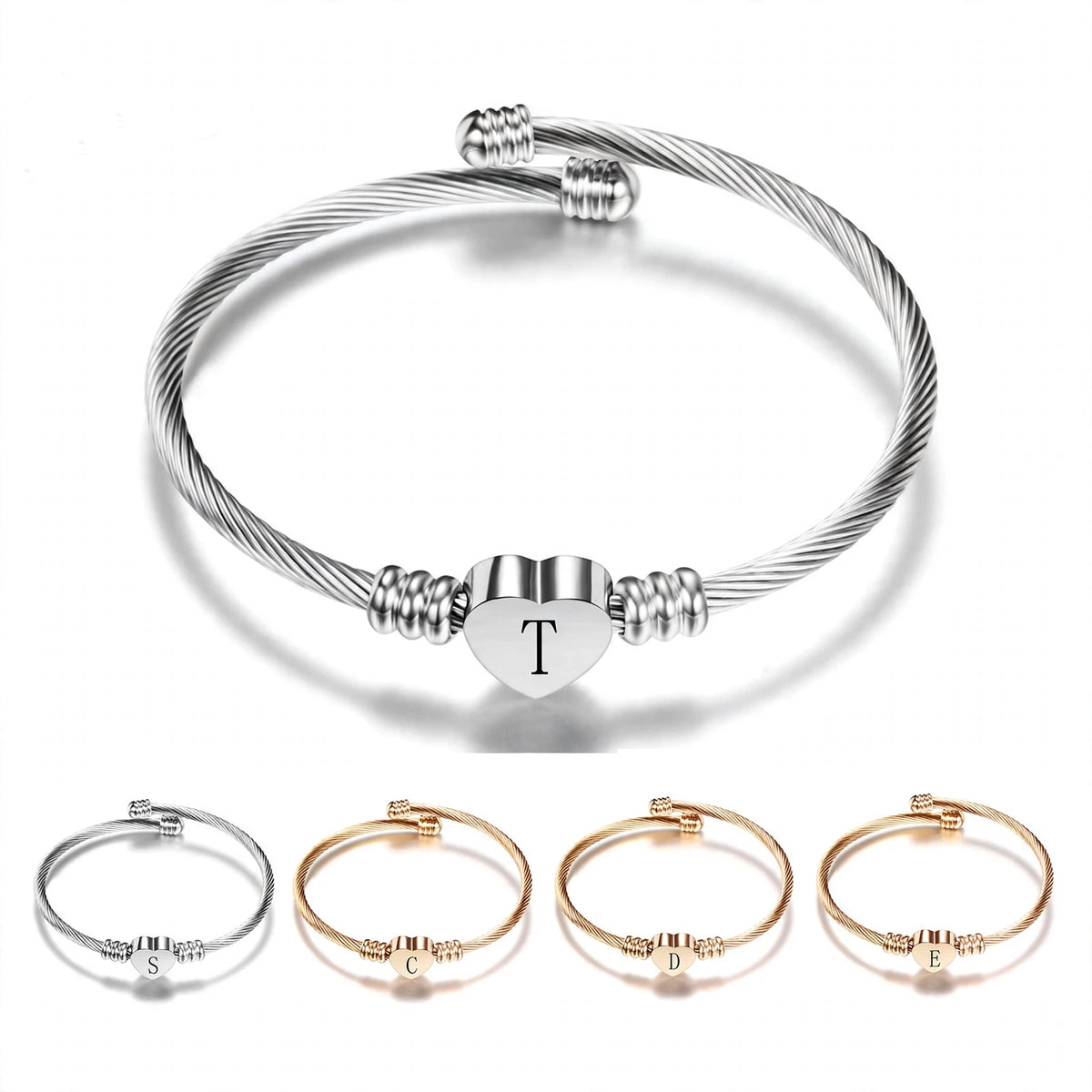 Stainless Steel Initial Heart Cable Bangle Bracelet